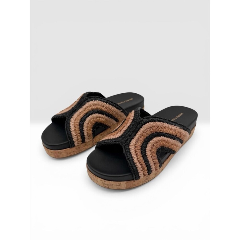 Marc Fisher Erim Raffia Woven Flatform Slide Sandals Slip-On Black Tan 9.5 NEW